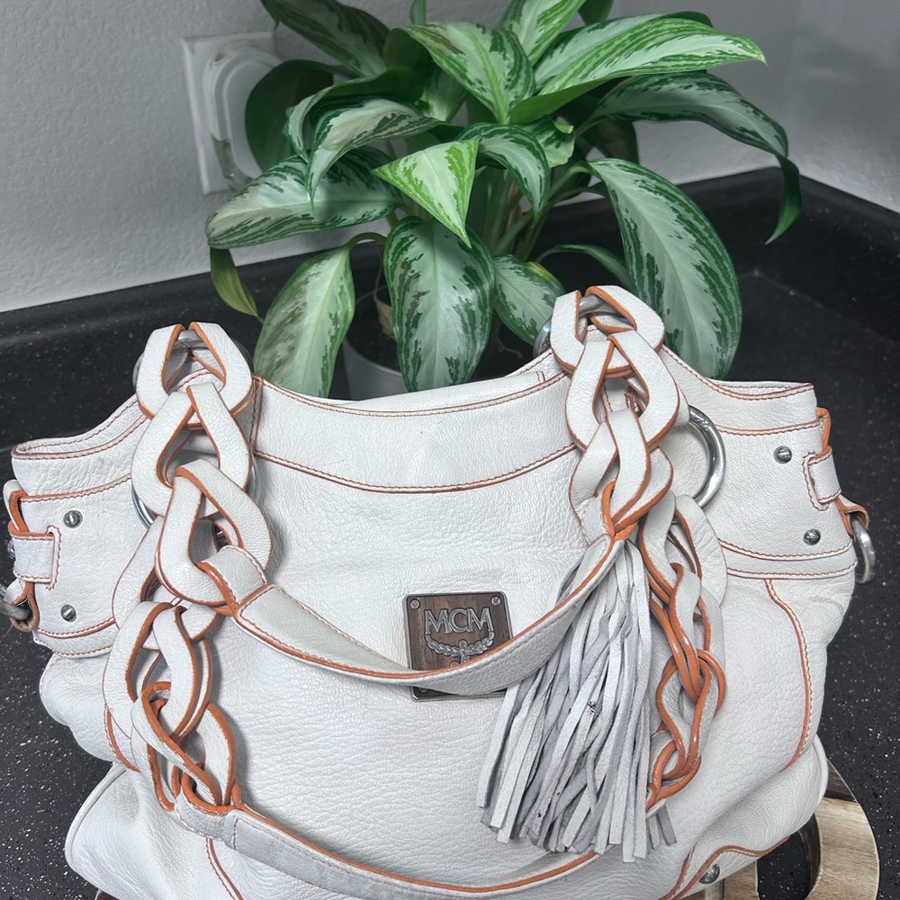 MCM Orange & White Leather Shoulder Bag with Tassel Accent
